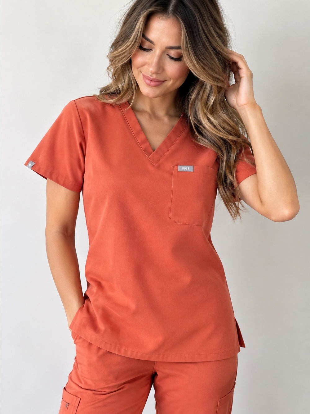 FIGS Catarina Scrub Top Womens XS Terracotta Rust V Neck Technical PO 2829